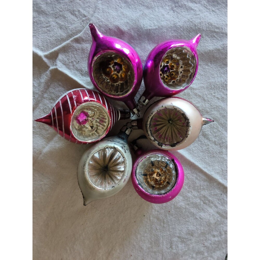 Set of 6 Mid-century Polish Blown Glass Indent Christmas Ornaments Hand-painted